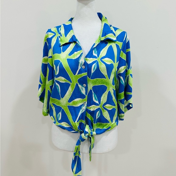 Haute Hippie Blouse With Tie Front & Abstract Print‎ Blue Green Short sleeve M - Picture 1 of 11
